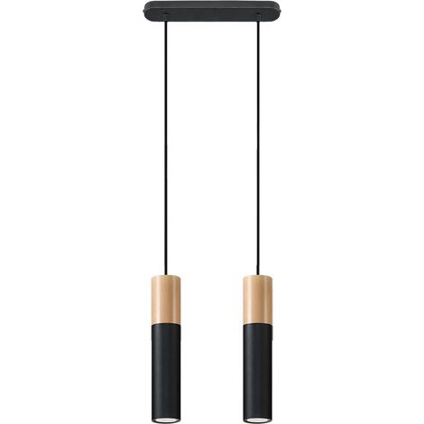 Pendelleuchte schwarz Metall Hängeleuchte schwarz Zylinder Hängelampe mit Holz, aus Stahl, 2x GU10, LxBxH 34x8x100 cm