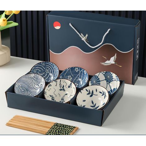 Lot de 6 bols à apéritif, céramique style japonais, motif bleu et blanc, relief rectangulaire, pour cuisine et repas (1/5)