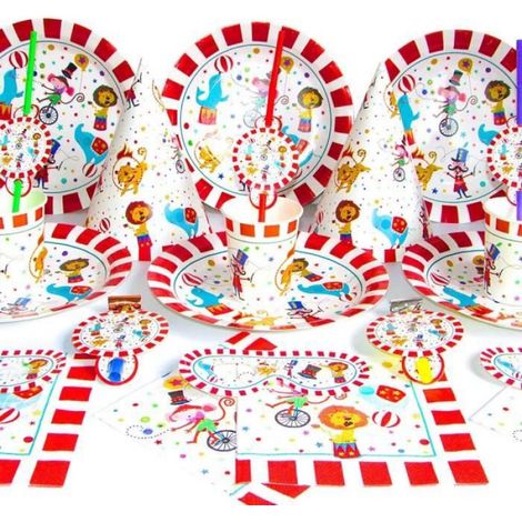 44pcs - Décorations de fête de cirque 44 pièces, ensemble de vaisselle jetable en papier avec animaux acrobat (1/4)