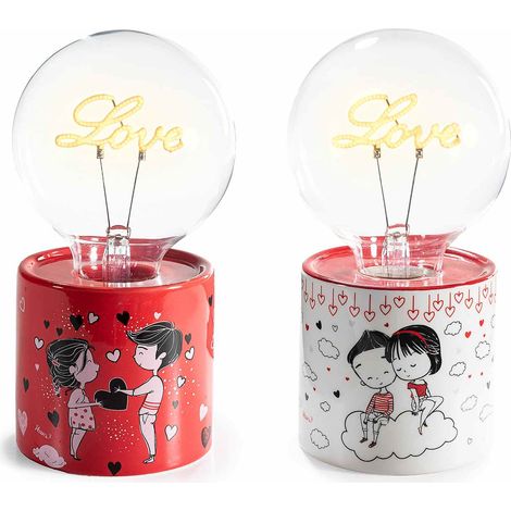Lampade con luce LED con scritta Love su base in ceramica con stampa coppia innamorati, per San Valentino, set da 2 pezzi, Ø 9,5 cm x 18 H