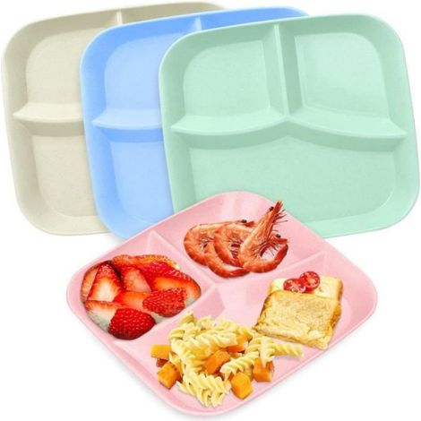 Assiette - Incassable - Lot de 4 - Plastique PP - Compartimentée - Réutilisable (1/4)