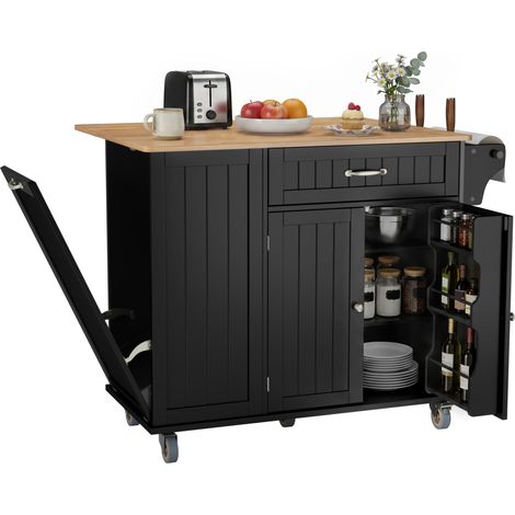 Kücheninsel-Unterschrank Bealife Küchenschrank Klappbar mit klappbarer Arbeitsplatte Schubladen Versteckter Abfalleimer Schwarz 100 x 81 x 90 cm
