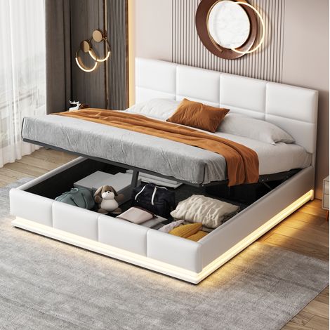 Polsterbett 160x200 cm mit LED, Metall-Lattenrost, verstellbarem Kopfteil, weiß HAVRYA (1/5)