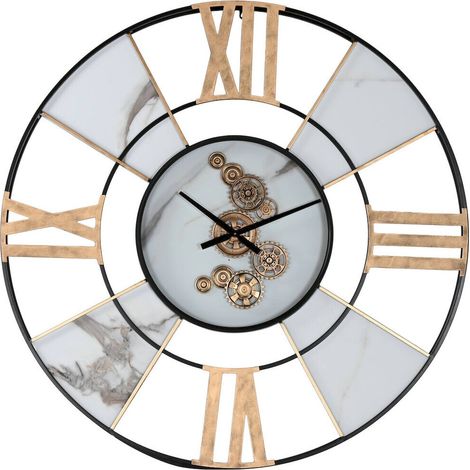 Horloge murale métal blanche style loft chiffres romains dorés - Blanc marbré doré noir industriel (1/4)