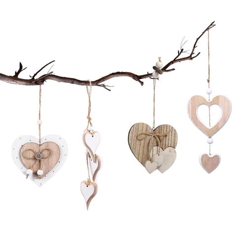 4 suspensions en bois cœur à accrocher, déco romantique pour fenêtres, couloirs, chambres et salons. (1/5)