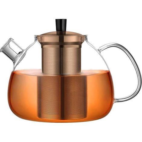 Théière en Verre avec Infuseur 1500ml, Théière en Verre Clair Résistant à la Chaleur, Theiere Verre avec Infuseur Amovible en Acier Inoxydable(Couleur cuivre), pour Thé Noir Thé Vert Thé Parfumé (1/5)