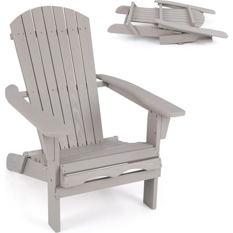 COSTWAY Chaise Adirondack en Bois de Sapin, Chaise de Jardin Exterieur Pliable, Siège à Lattes, Dossier Incliné et Haut, Fauteuil Exterieur pour Jardin Pisine Terrasse, Charge 180 KG (Gris,1 pièce) (1/5)