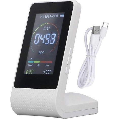 Weißer CO2-Luftqualitätsmonitor mit LED-Digitalanzeige, LCD-Bildschirm, Hintergrundbeleuchtung, Temperatur-, Feuchtigkeits-, TVOC- und Detektierung