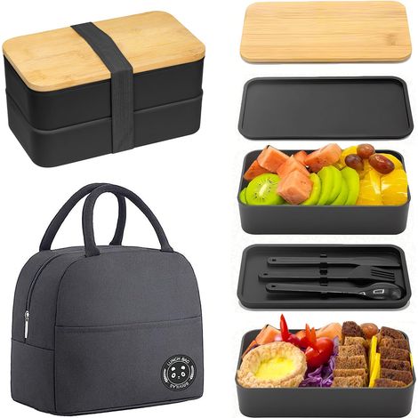 Bento Lunch Box 2 Couches Boite Repas Compartiment 1200 ml Lunchbox Hermétique avec Couverts Kit et Sac Isotherme Repas(Noir)