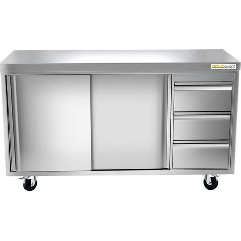 Meuble bas inox 1400x600 mm avec 3 tiroirs à droite sur roulettes PREMIUM - GOLDINOX (1/2)