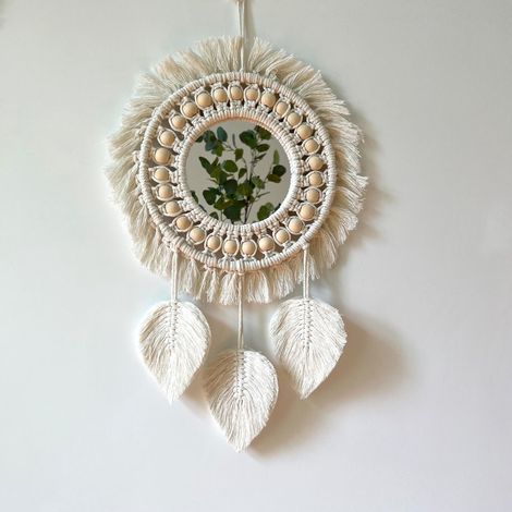 beige,miroir Mural Franges En Macram Boho Avec Pendentif En Plumes De Perles De Bois Miroir Rond D'art Mural Pour Couloir De Chambre Coucher Sal (1/5)