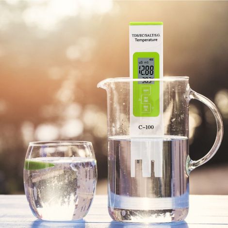 Multifunktionales Wasserqualitätsmessgerät – C-100 – 5 Parameter: Salzgehalt, TDS, EC, Temperatur (°C/°F) – Für Aquarium, Schwimmbad, Trinkwasser – ABS, 159 mm, mit hellem LCD-Display (1/5)