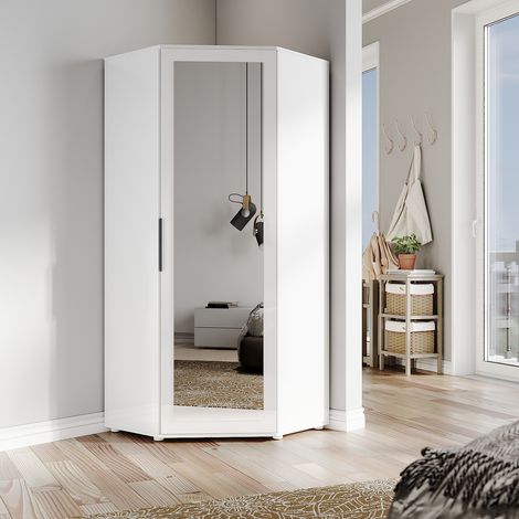 ELEGANT Corner Wardrobe Modern High Gloss Design & Matt White Corner Wardrobe with 2 Hanging Rails and 4 Storage Shelves, Space Saving Design, White + Mirror (1/5)