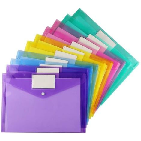 Pochette Documents, 10 Pochettes A4 5Couleurs Différentes, Avec Bouton-Pression et Pochette Pour Cartes de Visite, pour le Classement, Triées pour l'école, Travail, Bureau et Maison (1/5)