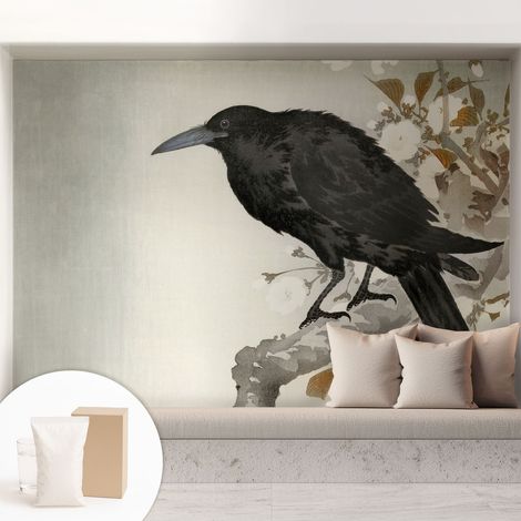 Papier peint intissé classique moderne pour salon et chambre à coucher Décoration rapide avec colle Corbeau dans les fleurs 208x146 cm (1/5)