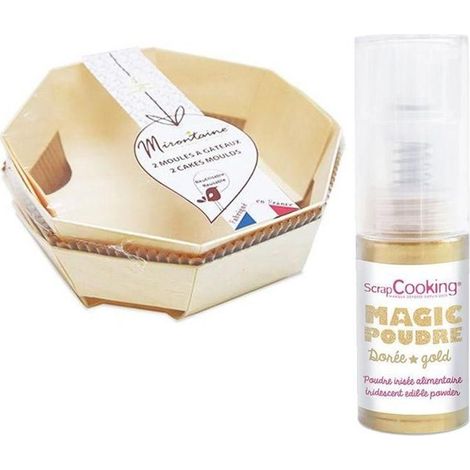 2 moules à gâteau en bois Ø 18 cm + Poudre alimentaire irisée dorée