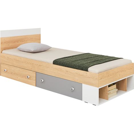 Kinderzimmer Bett 90x200cm Liegefläche, Eiche mit weiß und grau PINETO-133 (1/3)