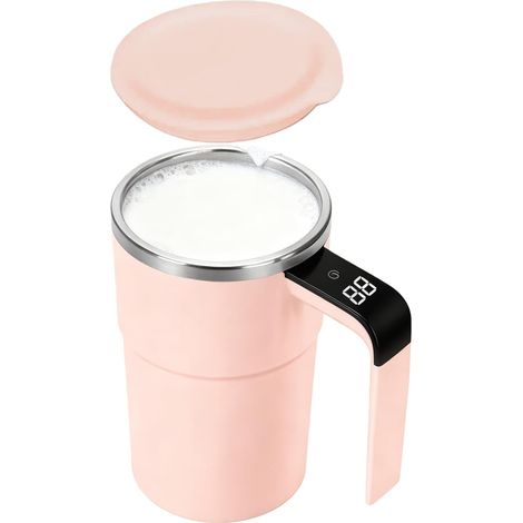 Verbesserter rosa automatischer Mischbecher mit Temperaturanzeige, nachfüllbarer automatischer Magnetmischbecher, 380 ml automatischer Magnetkaffeemischbecher, automatischer rotierender Mischbecher fü