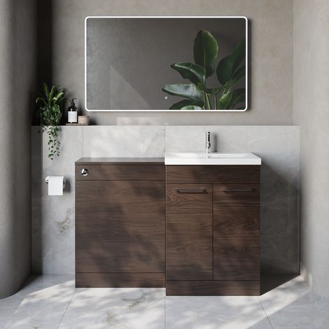 Napoli 390 Cento Brown Oak 1200mm 2 Door Vanity Unit Toilet Suite with Glide Basin - 1200mm - Chrome 160mm HandleWithout Kingston Toilet Pan