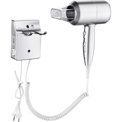 Sèche-cheveux Mural avec Ions et Protection Thermique 2000W - Support et Port USB - Pour Maison, Hôtel - Argent (1/5)