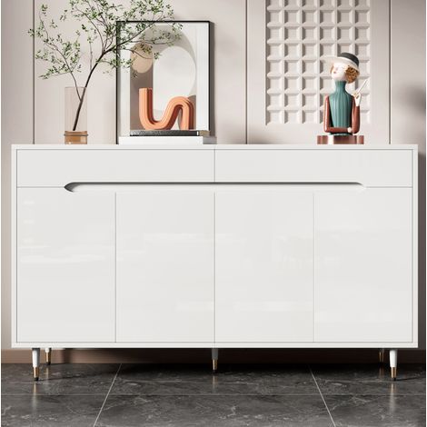 MEUBLIV Meuble à chaussures blanc et doré 140x39x84 cm – 2 portes, 2 tiroirs (1/5)