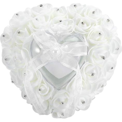 Boîte à bagues bague de mariage oreiller-romantique en forme de coeur boîte de bague de mariage rose décor anneau oreiller coussin(blanc) (1/5)