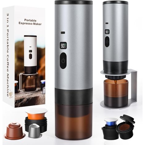 Machine à café portable, machine à expresso électrique avec Support, mini machine à capsules, compatible avec les capsules et le café moulu, chauffe instantanée, pour camping voyages, Gris (1/5)
