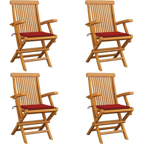 Chaises de jardin et coussins rouge lot de 4 Bois teck massif (1/5)