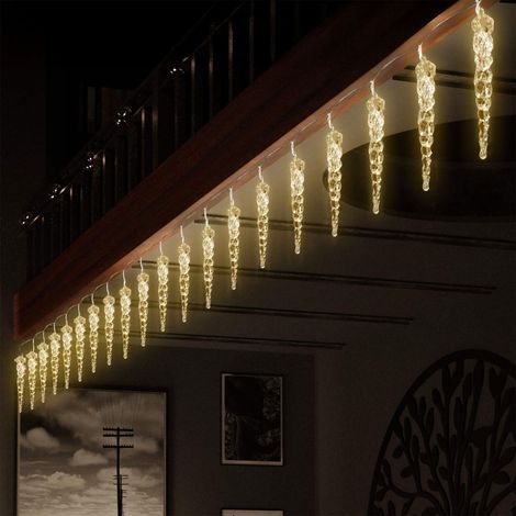 LED Eiszapfen Lichterkette aus Acryl warm weiß - 190 cm - Eisregen Deko Beleuchtung mit 20 Zapfen Batterie betrieben - Weihnachtsdeko Lichterregen Innenbeleuchtung Lichterdeko für Advent Winter Weihna