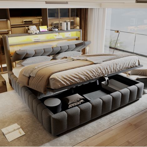 Letto contenitore 180x200 cm con LED, USB e USB-C, testiera con contenitore, grigio OKMYHOME (1/5)