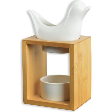 Bruciatore profumo Birdy bianco – Bruciatore fondente cera profumata – Diffusore olio essenziale e profumo casa – Portacandele aromaterapia porta candela in legno e ceramica decorativa Altezza: 13 cm (1/5)