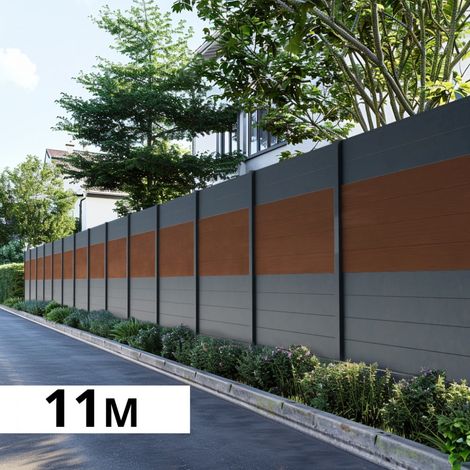 Kit Clôture Aluminium BAHIA & CRUZ Ipé 11,03x1,8m - Bois Composite & Aluminium - Poteaux Gris - Brise Vue - Palissade
