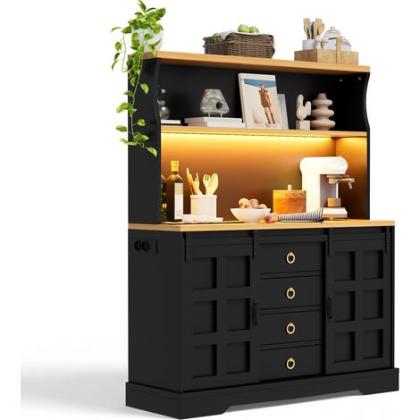 CHICFURN Mueble de cocina alto con LED RGB, enchufes y USB, vitrina y botellero, 4 cajones, puertas correderas vintage, MDF negro, 120 x 40 x 150 cm (1/5)