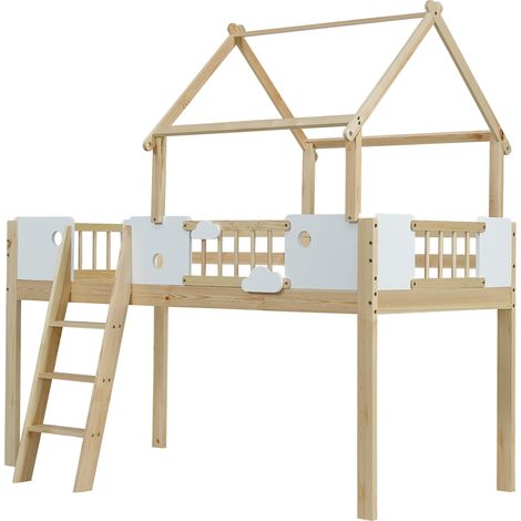 Cama alta infantil 90x200 cm con tejado y escalera de 3 peldaños, blanco y natural, HOMVRA (1/5)