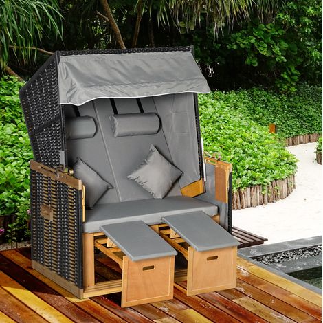 Silla de jardín tipo cesta de madera gris claro, reclinable con reposapiés extraíbles y cojines