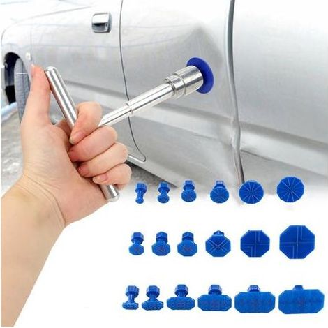 Kit de Réparation de Bosses pour Voiture,Kit Débosselage sans Peinture,Kit de Debosselage Carrosserie avec 18 Ventouses Bleu et Marteau de Barre en T (1/5)