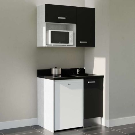 Kitchenette K00L - 100 cm - plan monobloc évier intégré Nero- évier à droite - Façades Noir + Electroménager inclus coloris Blanc (1/5)