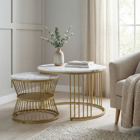 Set di 2 Tavolini da Salotto Rotondi, Tavolini Sovrapponibili 70/45cm con Ripiano, Design Moderno in Metallo Oro, Tavolo da Caffè Salvaspazio, Bianco