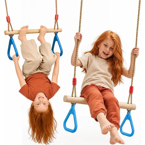 Goodevas Trapezstange mit Turnringen für Kinder – Holz-Schaukel, massive Kiefer, höhenverstellbar 110–198 cm, In- & Outdoor (1/5)