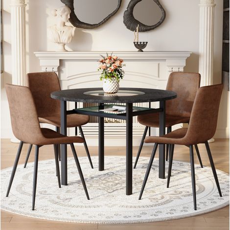 Conjunto de comedor redondo de MDF efecto madera negra y metal negro, 4 plazas, estilo minimalista con vidrio (1/5)