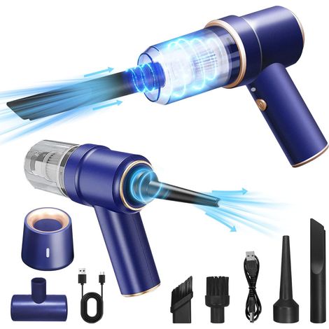 Aspirateur à main sans fil avec fonction soufflante et lampe LED, mini balai électrique rechargeable pour voiture, maison, bureau, clavier et poils d'animaux, modèle amélioré bleu LTT (1/5)