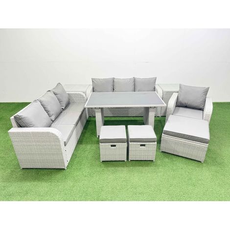 Fimous Rattan Garden Furniture Dining Set 10-seater Patio Rectangular Table Sofa Set with 2 Side Tables 3 Stools Light Grey (1/4)