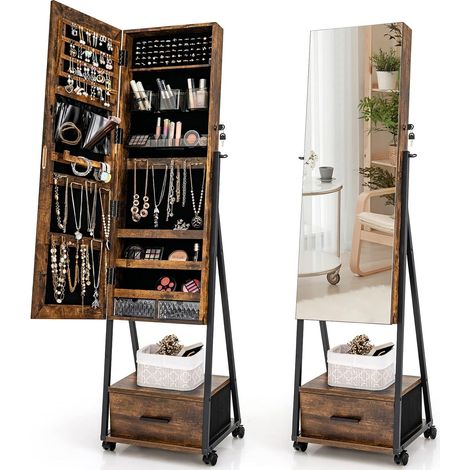 COSTWAY Mobile Jewelry Cabinet, Floor Standing Lockable Jewelry Armoire with Full Length Mirror, Drawer and Wheels, Makeup Jewellery Storage Organiser Unit for Bedroom Dressing Room (Rustic Brown) (1/5)