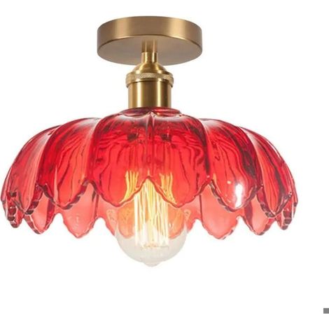 Plafonnier Moderne,25cm Lampe de Plafond Vintage Abat-jour en Verre Design Fleurs E27 Lustre Rétro pour Salon Chambre,Rouge (1/5)