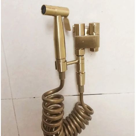 Ensemble complet : douchette bidet portable double action en or brossé pour WC, robinet bidet, pommeau de douche bidet autonettoyant (1/5)