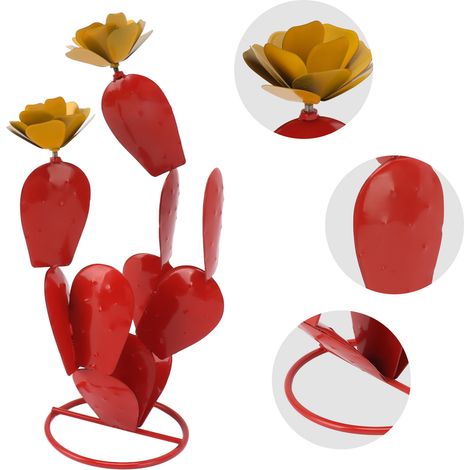 Cactus de figue de Barbarie en métal avec des fleurs, Statue rustique en fer, Sculpture de décor de désert pour jardin, cour, pelouse, Patio, rouge (1/5)