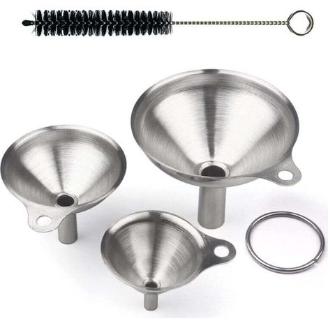 3 Tailles Petit Entonnoir en Acier Inoxydable Mini Entonnoir de Cuisine avec Poignée Entonnoir Metal Ensemble d'entonnoirs avec Brosse pour le Transfert de Liquide Poudre Huile (5,7/7/9 cm) (1/4)