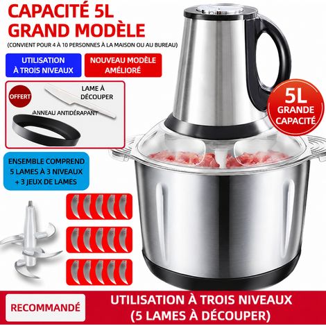Hachoir à viande électrique multifonction 5L avec 4 jeux de lames dont lame 5 feuilles 5l 5 4 22,5 × 22,5 × 33 cm 1,9 kg – Livraison gratuite