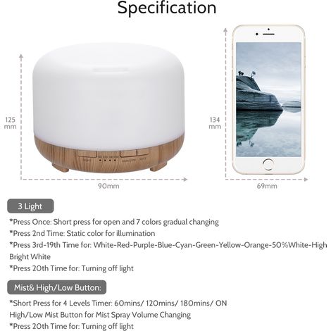 Humidificateur ultrasonique de 480 ml avec diffuseur d'arômes, télécommande, éclairage coloré et minuterie à 4 niveaux - idéal pour le yoga, la relaxation, le bureau, la maison, la chambre, le salon, (1/5)