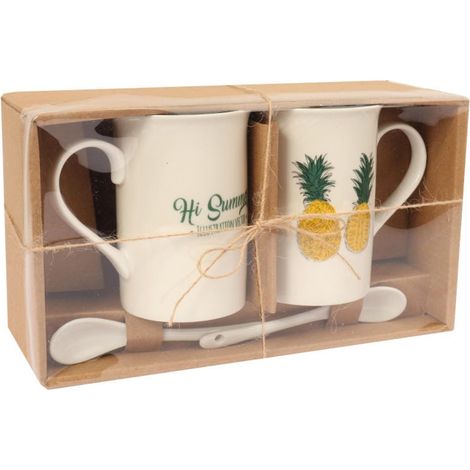 Set regalo: 2 tazze in ceramica con cucchiaini - Tema ananas estivo (1/3)